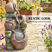 Outsunny Outdoor Fountain with 4-Tier Rustic Pot Design, Cascading Rock Waterfall with LED Lights and Adjustable Flow(m-4)