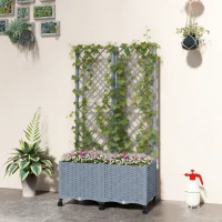 Outsunny Planter Box with Trellis, Self Watering Raised Garden Bed with Lockable Wheels and Drainage Holes, Gray(m-10)