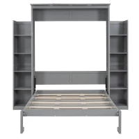 Full Size Murphy Bed with Shelves, LED Lights, Space-Saving Wall Bed with Flexible Slats, Dual Piston Mechanism, 87" L x 81" W x 83.5" H, Grey(m-2)