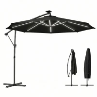 Outsunny 10 ft Offset Patio Umbrella with Solar Light, Garden Hanging Parasol with 360° Rotation, Tilt, Cover, Black(m-2)