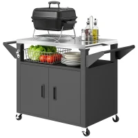 Outsunny Outdoor Grill Cart with Stainless Steel Tabletop, 3-Shelf Pizza Oven Stand with Storage Cabinet, Wheels, Black(m-2)