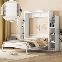 Queen Size Murphy Bed with Shelves and LED Lights, Space-Saving Wall Bed with Flexible Slats, 93.5" L x 84.5" W x 88.5" H, White(m-1)