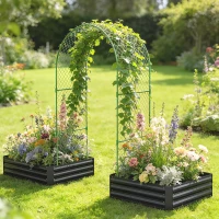 Outsunny Metal Raised Garden Bed with Trellis, Galvanized Garden Bed Kit Outdoor Garden Box with Trellis, Black(m-8)