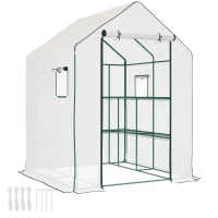 Outsunny 4.6' x 4.7' Portable Greenhouse, Water/UV Resistant Walk-In Small Outdoor Green House with 2 Tier U-Shaped Flower Rack Shelves, Roll Up Door & Windows, White(m-11)