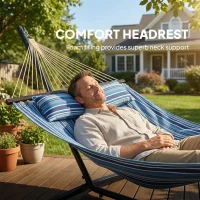 Outsunny Hammock with Stand Heavy Duty Camping Hammock with Steel Frame for Patio Backyard Blue and White(m-5)