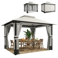 Outsunny 10' x 12' Patio Gazebo, Double Roof Outdoor Gazebo Canopy Shelter with Netting and Curtains, Steel Frame, Light Grey(m-11)