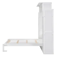 Full Size Murphy Bed with Shelves and LED Lights, Space-Saving Wall Bed with Flexible Slats, 87" L x 81" W x 83.5" H, White(m-15)