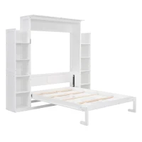 Full Size Murphy Bed with Shelves and LED Lights, Space-Saving Wall Bed with Flexible Slats, 87" L x 81" W x 83.5" H, White(m-16)