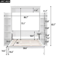 Full Size Murphy Bed with Shelves and LED Lights, Space-Saving Wall Bed with Flexible Slats, 87" L x 81" W x 83.5" H, White(m-3)