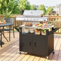 Outsunny Outdoor Grill Cart with Stainless Steel Tabletop, 3-Shelf Pizza Oven Stand with Storage Cabinet, Wheels, Black(m-1)