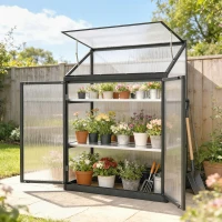 Outsunny Polycarbonate Greenhouse with 2-Tier Shelves Gardening Green House for Patio Garden, Black(m-10)