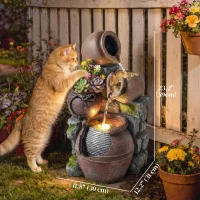 Outsunny Outdoor Fountain with 4-Tier Rustic Pot Design, Cascading Rock Waterfall with LED Lights and Adjustable Flow(m-3)