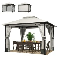 Outsunny 10' x 12' Patio Gazebo, Double Roof Outdoor Gazebo Canopy Shelter with Netting and Curtains, Steel Frame, Light Grey(m-2)