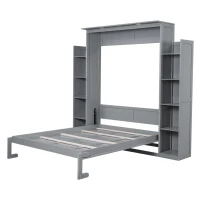 Queen Size Murphy Bed with Shelves and LED Lights, Space-Saving Wall Bed with Flexible Slats, 93.5" L x 84.5" W x 88.5" H, Grey(m-2)