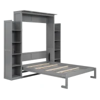 Full Size Murphy Bed with Shelves, LED Lights, Space-Saving Wall Bed with Flexible Slats, Dual Piston Mechanism, 87" L x 81" W x 83.5" H, Grey(m-15)