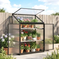 Outsunny Polycarbonate Greenhouse with 2-Tier Shelves Gardening Green House for Patio Garden, Black(m-1)