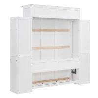 Full Size Murphy Bed with Shelves and LED Lights, Space-Saving Wall Bed with Flexible Slats, 87" L x 81" W x 83.5" H, White(m-11)