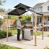 Outsunny 8 x 6ft Hardtop Grill Gazebo, BBQ Gazebo with Metal Double Roof, Outdoor Grill Canopy with Wood-Grain Aluminum Frame(m-8)