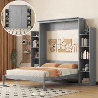 Queen Size Murphy Bed with Shelves and LED Lights, Space-Saving Wall Bed with Flexible Slats, 93.5" L x 84.5" W x 88.5" H, Grey(m-1)