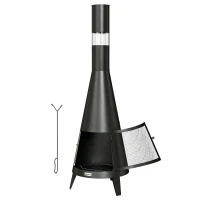 Outsunny Wood Burning Firepit with Chimney, Outdoor Fire Pit with Poker, Mesh Screen, Black(m-2)