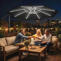 Outsunny 10 ft Offset Patio Umbrella with Solar Light, Garden Hanging Parasol with 360° Rotation, Tilt, Cover, Black(m-1)