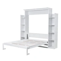 Queen Size Murphy Bed with Shelves and LED Lights, Space-Saving Wall Bed with Flexible Slats, 93.5" L x 84.5" W x 88.5" H, White(m-2)