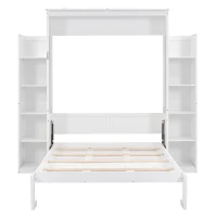 Full Size Murphy Bed with Shelves and LED Lights, Space-Saving Wall Bed with Flexible Slats, 87" L x 81" W x 83.5" H, White(m-2)