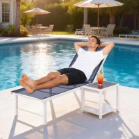 Outsunny Outdoor Lounge Chair, 5-Position Reclining Outdoor Chaise Lounge Tanning Chair with Mesh Seat, Dark Blue(m-8)