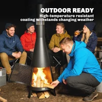 Outsunny Wood Burning Firepit with Chimney, Outdoor Fire Pit with Poker, Mesh Screen, Black(m-5)