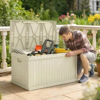 Outsunny 70 Gallon Deck Box, Resin Outdoor Storage Box with Handles, Waterproof Storage Container for Garden Tools, Sand(m-1)