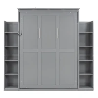 Full Size Murphy Bed with Shelves, LED Lights, Space-Saving Wall Bed with Flexible Slats, Dual Piston Mechanism, 87" L x 81" W x 83.5" H, Grey(m-12)