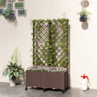 Outsunny Planter Box with Trellis, Self Watering Raised Garden Bed with Lockable Wheels and Drainage Holes, Brown(m-10)