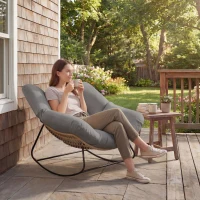 Outsunny Indoor Outdoor Papasan Rocking Chair, Oversized Rocking Egg Chair with Cushion for Garden, Patio, Grey(m-10)