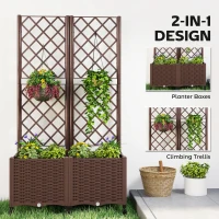 Outsunny Planter Box with Trellis, Self Watering Raised Garden Bed with Lockable Wheels and Drainage Holes, Brown(m-4)