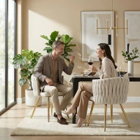 HOMCOM Modern Dining Chairs Set of 2, Velvet-Feel Upholstered Kitchen Chairs with Woven Backrest and Metal Legs, Cream White(m-9)