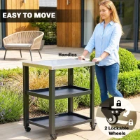 Outsunny Outdoor Grill Cart with Stainless Steel Tabletop, 2 Shelves, Rolling Prep Dining Cart with Lockable Wheels(m-6)