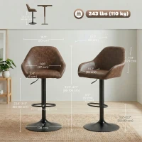 HOMCOM Adjustable Bar Stools Set of 2, Swivel Barstools with Footrest and Back, PU Leather and Steel Round Base, Coffee(m-3)