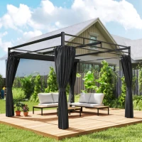 Outsunny 10' x 10' Outdoor Gazebo, Retractable Pergola Canopy with Curtains, UPF30+ Free Standing Metal Pergola Kit, Dark Grey(m-9)