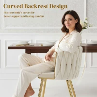 HOMCOM Modern Dining Chairs Set of 2, Velvet-Feel Upholstered Kitchen Chairs with Woven Backrest and Metal Legs, Cream White(m-5)