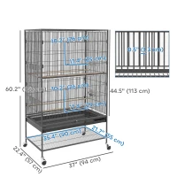 PawHut 60" Bird Cage with Stand for Cockatiels Canaries Lovebirds Finches, Budgie Cage with Wheels, Removable Tray, Storage Shelf(m-3)