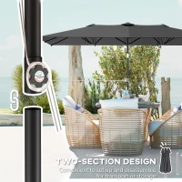Outsunny Double-Sided Patio Umbrella Parasol with Tilt, Adjustable Height, Vents and 12 Ribs, for Garden, Deck, Grey(m-9)