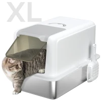 PawHut 2 in 1 Stainless Steel Cat Litter Box with Removable Lid, Scoop, Filter Bags, for Small to Large Cats, White(m-11)