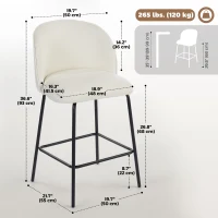HOMCOM Set of 2 Counter Height Barstools, Upholstered Linen Bar Stools with Backrest, Footrest and Steel Legs, Cream White(m-3)