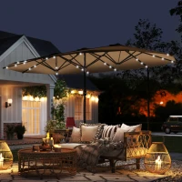 Outsunny Garden Parasol 14.4 ft. Double-Sided Sun Umbrella with Base, Patio Parasol with LED Solar Lights, Khaki(m-10)