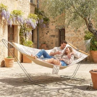 Outsunny Outdoor Hammock Padded Camping Hammock with Pillow & Spreader Bars 200 x 140 cm Cream White(m-1)