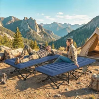 Outsunny Set of 2 Camping Cot with Soft Pad, 32" Extra Wide Folding Cots with Non-Slip Feet and Carry Bag, Blue(m-1)