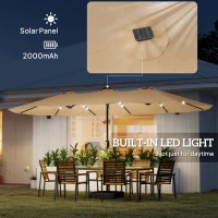 Outsunny Double-sided Patio Umbrella with Base Included & 48 LED Lights 15ft Khaki(m-5)