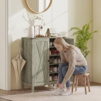 HOMCOM Shoe Cabinet with Barn Doors, Farmhouse Shoe Storage Cabinet with Adjustable Shelves, Holds up to 15 Pairs, Grey(m-9)