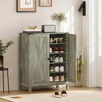 HOMCOM Shoe Cabinet with Barn Doors, Farmhouse Shoe Storage Cabinet with Adjustable Shelves, Holds up to 15 Pairs, Grey(m-1)