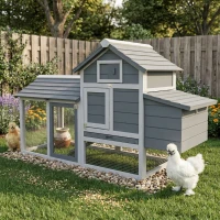 PawHut 59" Small Wooden Chicken coop Hen House Poultry Cage for Outdoor Backyard with 2 Doors, Nesting Box and Removable Tray, Gray(m-12)